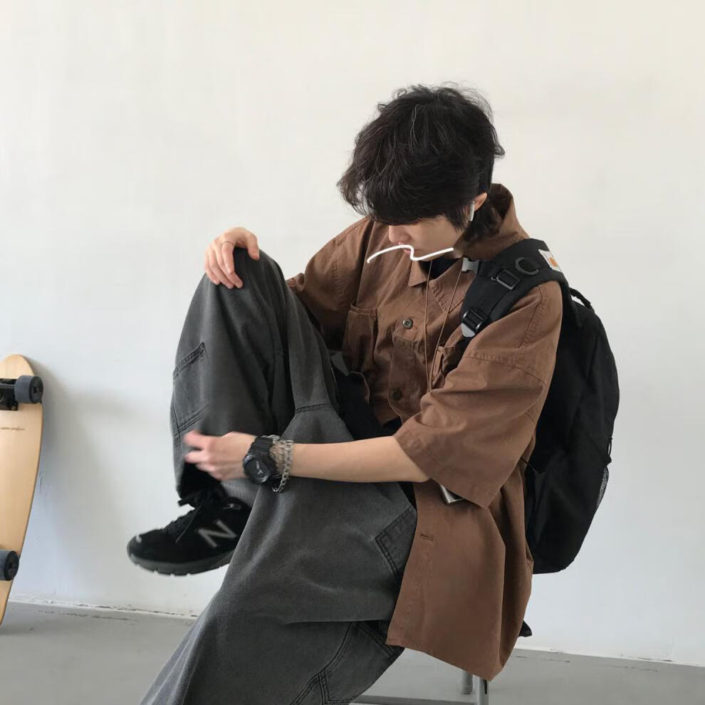 夏新款日系复古慵懒风工装衬衫男生宽松短袖衬衣外套潮男衬衫衬衣咖啡