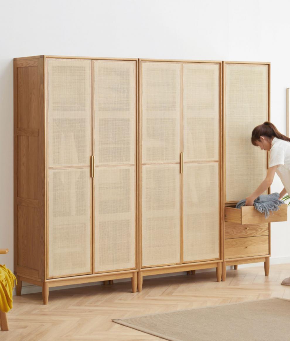 卧室衣柜主卧实木藤编衣柜现代简约橡木组合衣橱北欧卧室收纳柜储物柜