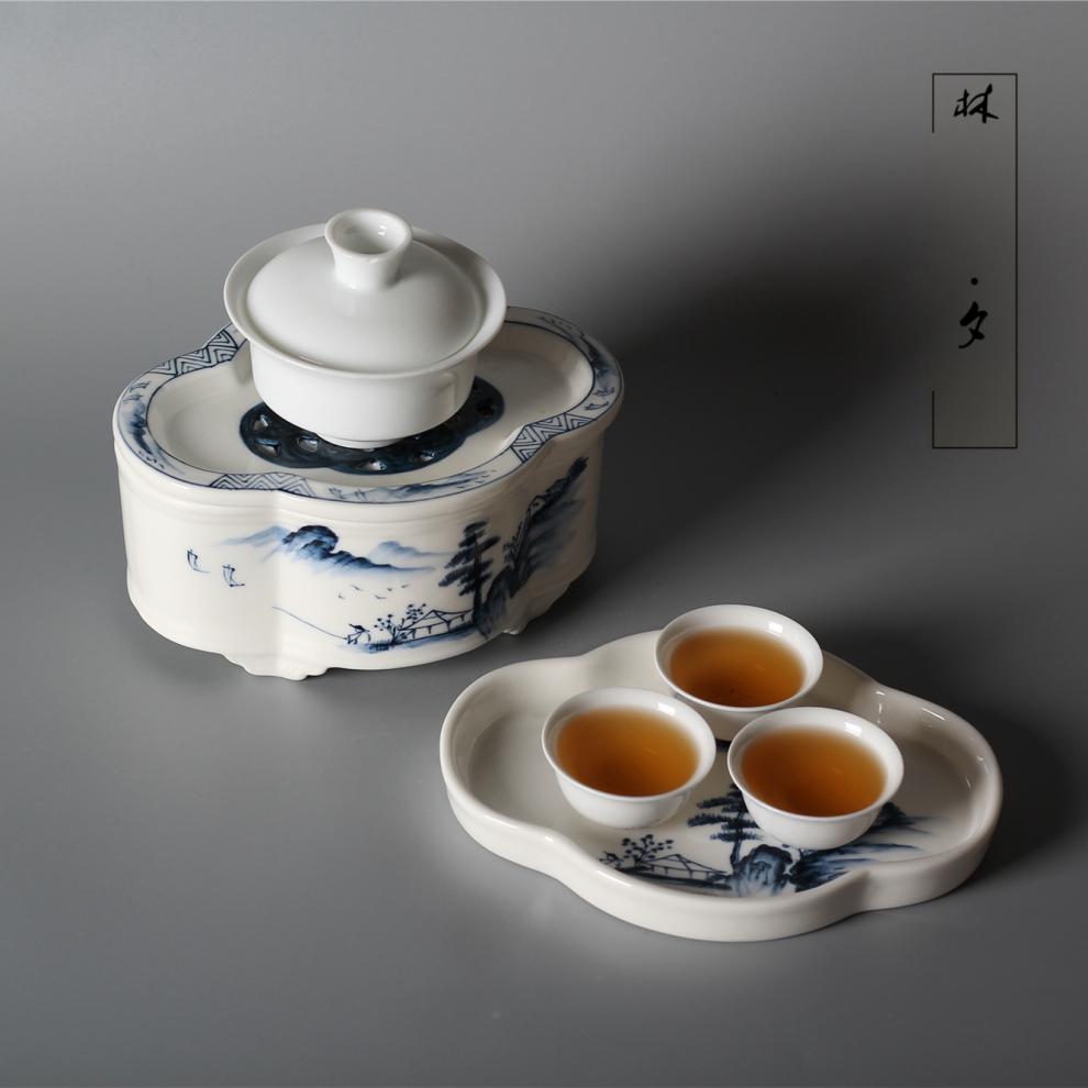 茶船林夕老潮州复古海棠青花茶船手绘小茶盘干泡盘陶瓷旅行便携茶具