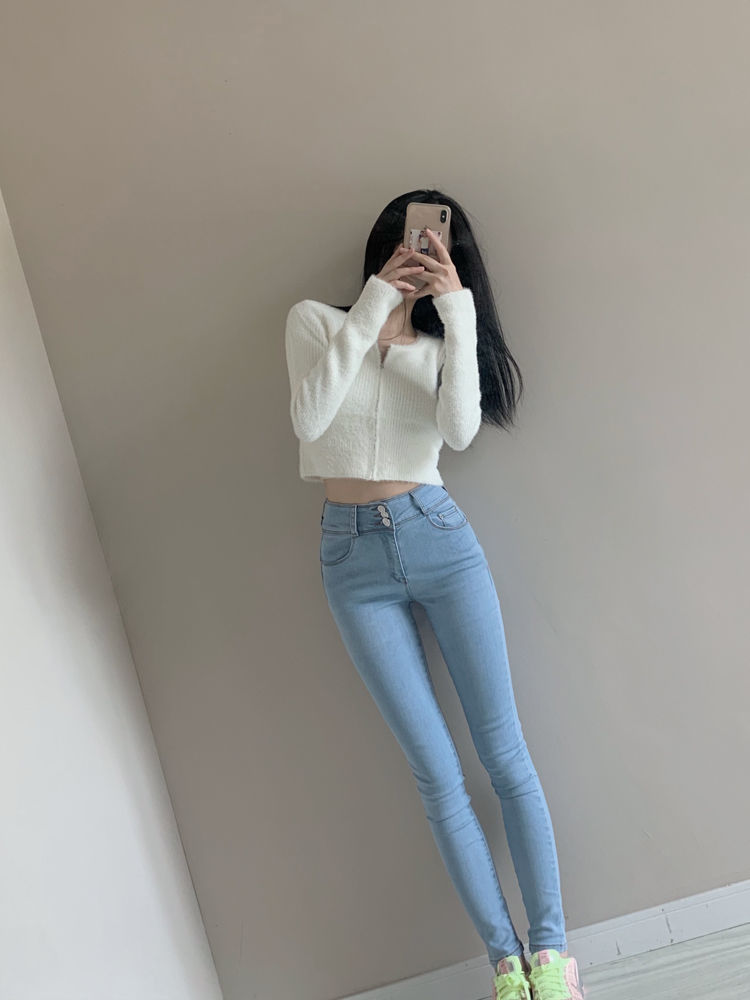 抖音网红同款高腰弹力牛仔裤女蜜桃臀紧身翘臀显瘦包臀小脚铅笔裤浅