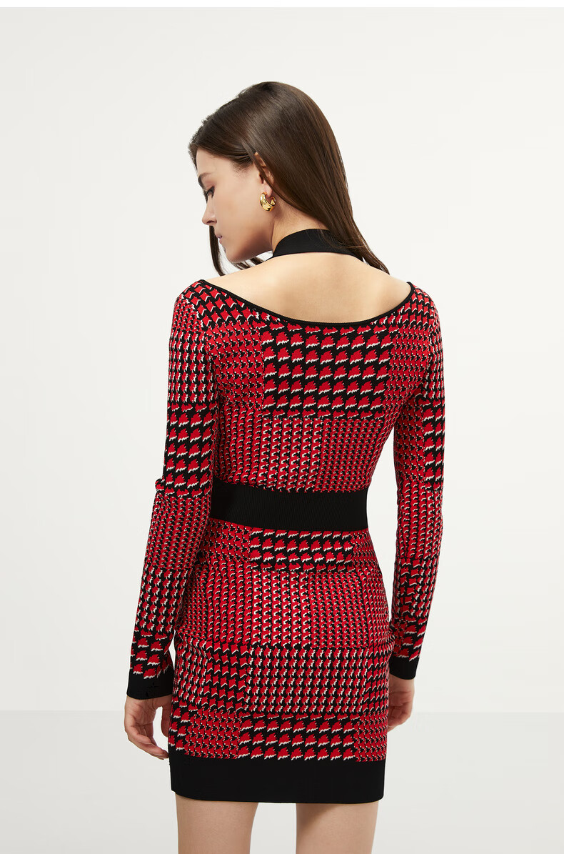 女装 连衣裙 bebe bebe2021早秋新品女士提花千鸟格图案长袖连衣裙