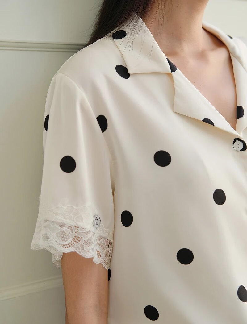 miss ponyo睡衣女夏季牛乳啵啵短袖波点甜美家居服两件套冰丝 牛乳白