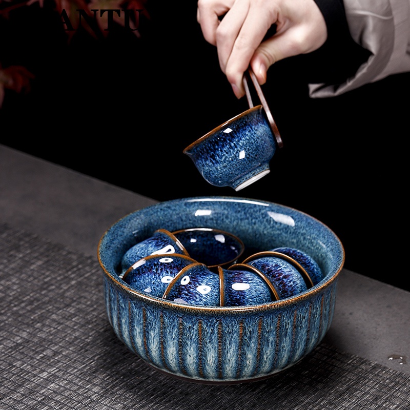 juantu茶具轻奢田禾窑功夫茶具套装家用整套陶瓷建盏茶杯盖碗办公泡