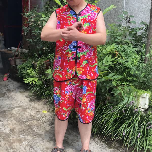 东北大花装棉绸男女大码短袖t恤民族风夏季二人转表演服潮服红色子