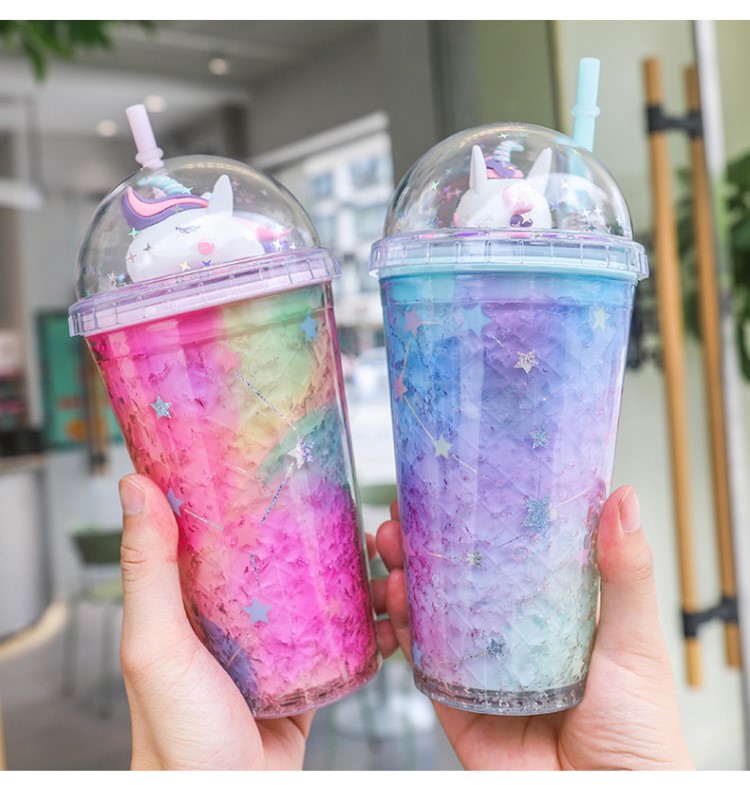 星空流沙杯网红水杯流沙杯子星空流沙杯双层可爱创意带盖碎冰杯塑料