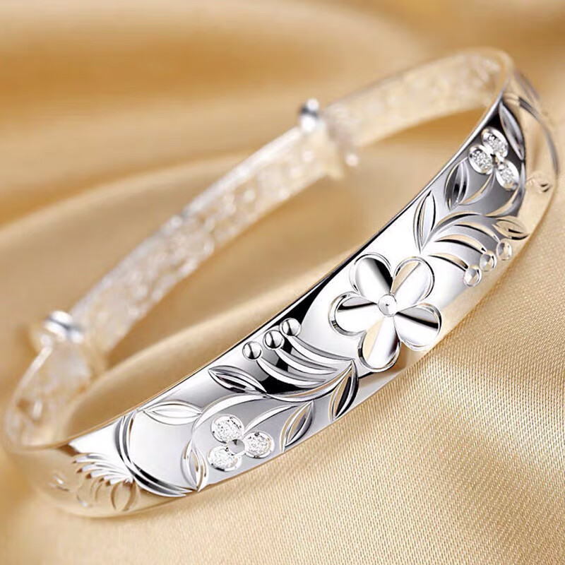 spreeze同款周六福银手镯周六福纯银s999实心银手镯女推拉足银镯子