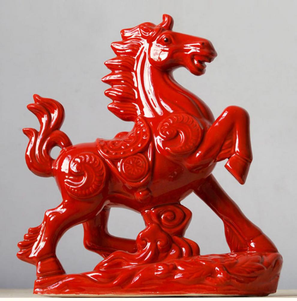 纤雅洁陶瓷红马摆件家居客厅办公室工艺品摆设风水大红色唐三彩马鸿运