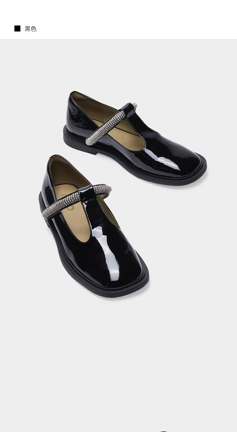 mio米奥女鞋秋季漆皮碎钻带t字带简约浅口玛丽珍单鞋白色34