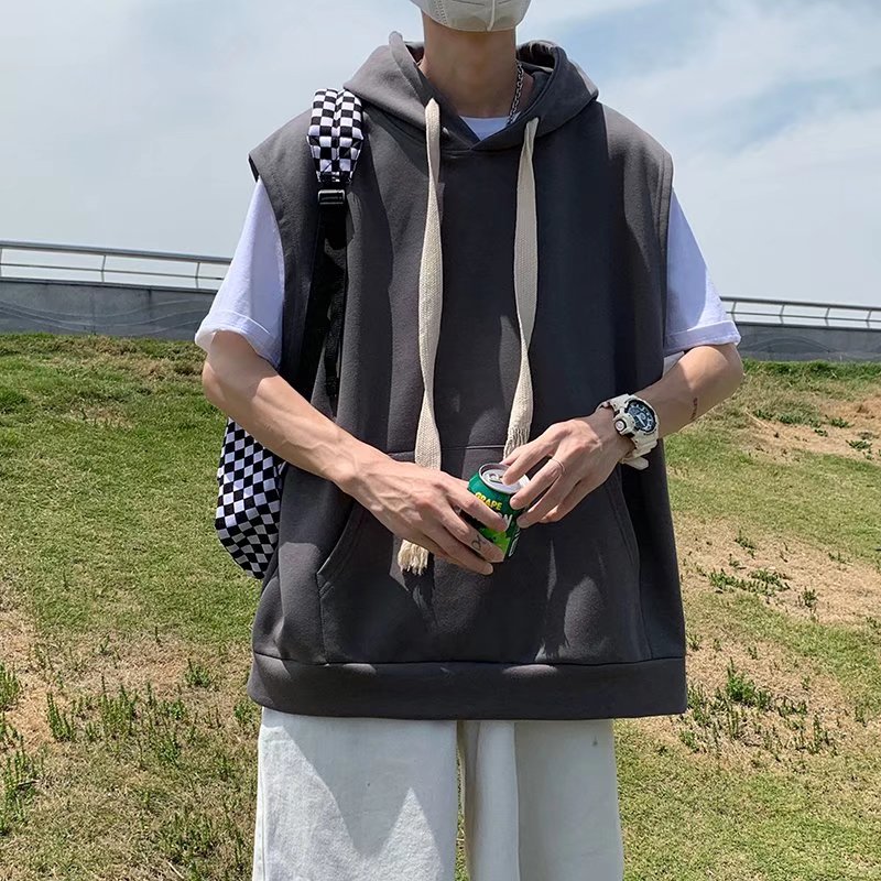 dl 美式无袖卫衣男潮牌春秋季宽松连帽兜帽衫女学院风外套摇粒绒 黑色