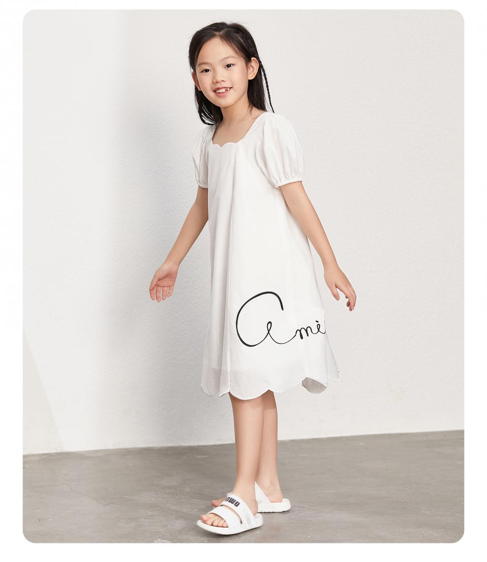 amii童装女童连衣裙2021夏装新款大儿童灯笼袖度假裙a字休闲洋气 米白