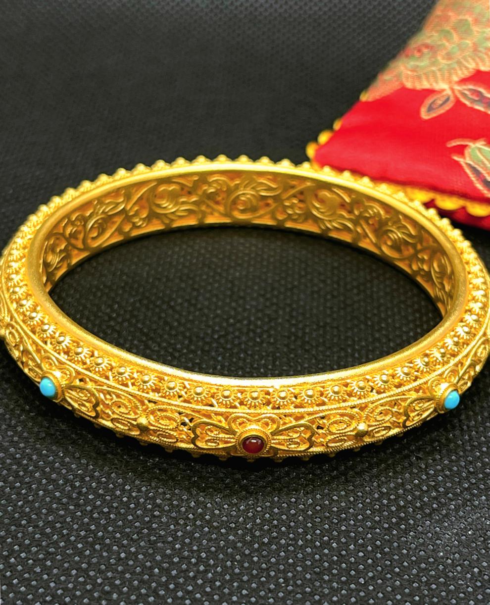 新年礼物金喜晟古法金足金999古法黄金如意缠枝纹花丝镂空手镯送礼