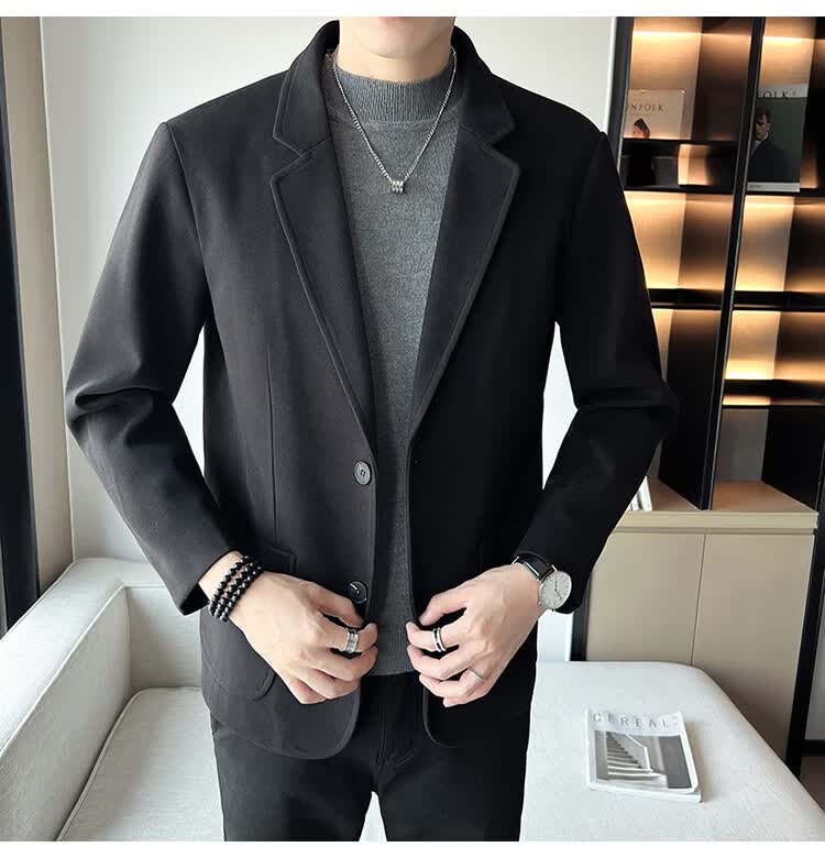微胖男生显瘦套装秋冬季毛呢小西装西服套装外套男帅气潮牌呢子休闲