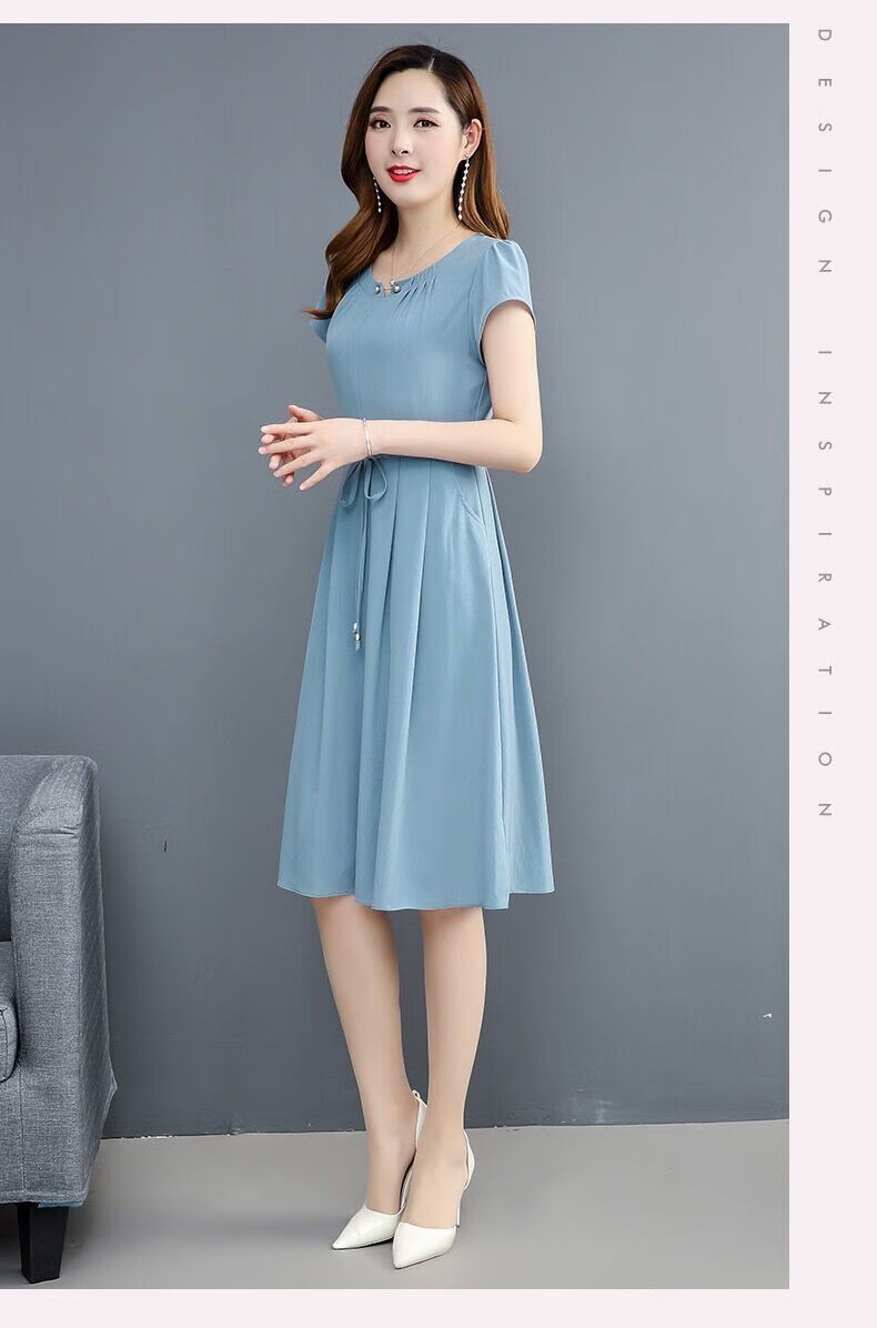 弹力冰丝夏季韩版时尚气质v领雪纺连衣裙女中长款系带显瘦a字裙522浅