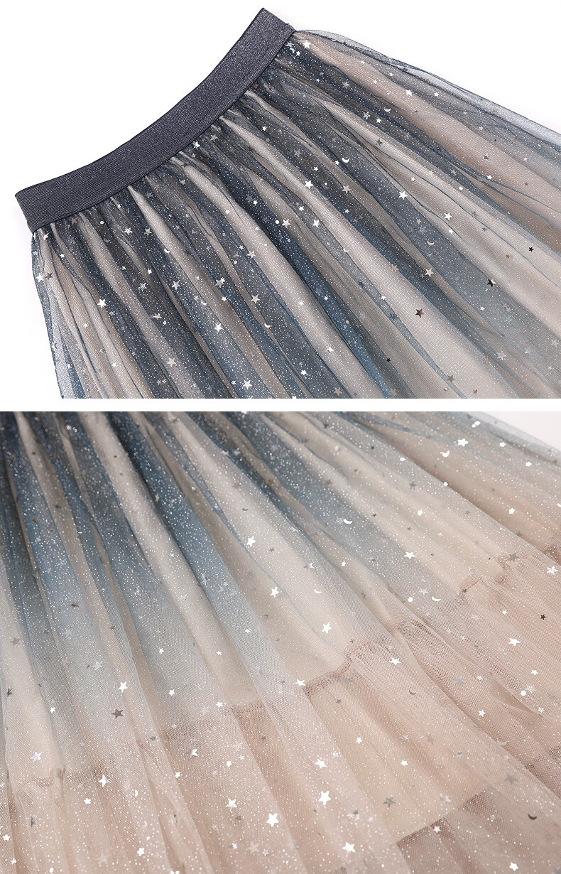 夏天半截长裙到脚踝民族风绣花半身裙夏季星空亮片渐变色高腰过膝网纱