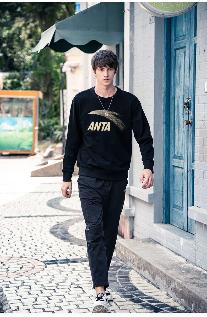 安踏(anta) 加绒卫衣男装冬季透气保暖圆领针织套头衫国潮印花长袖t恤