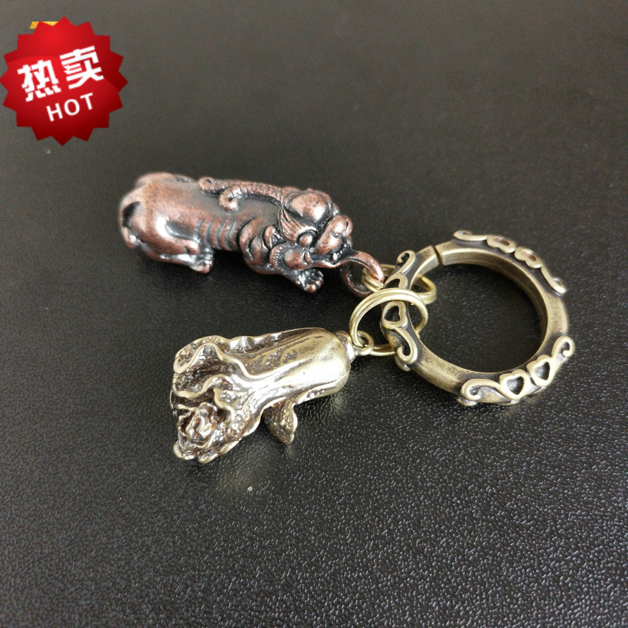 复古实心钥匙扣挂件守财纯铜貔貅吊坠挂饰包包铜挂件单紫铜貔貅配连接