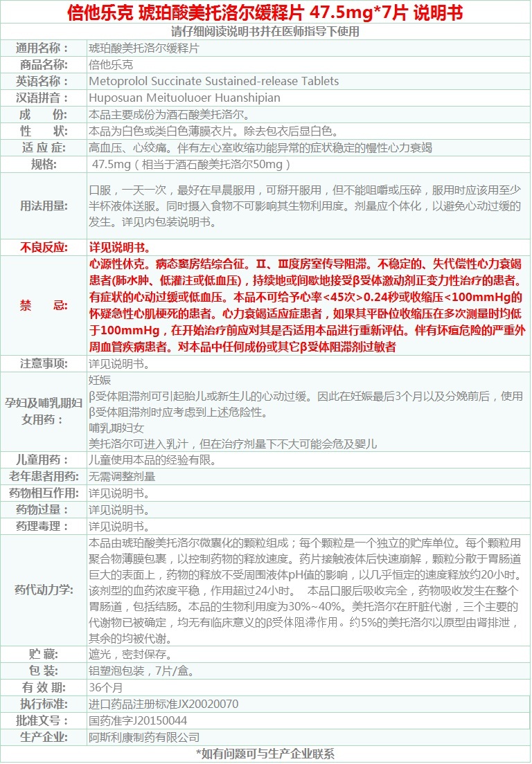 倍他乐克 阿斯利康 琥珀酸美托洛尔缓释片 47.