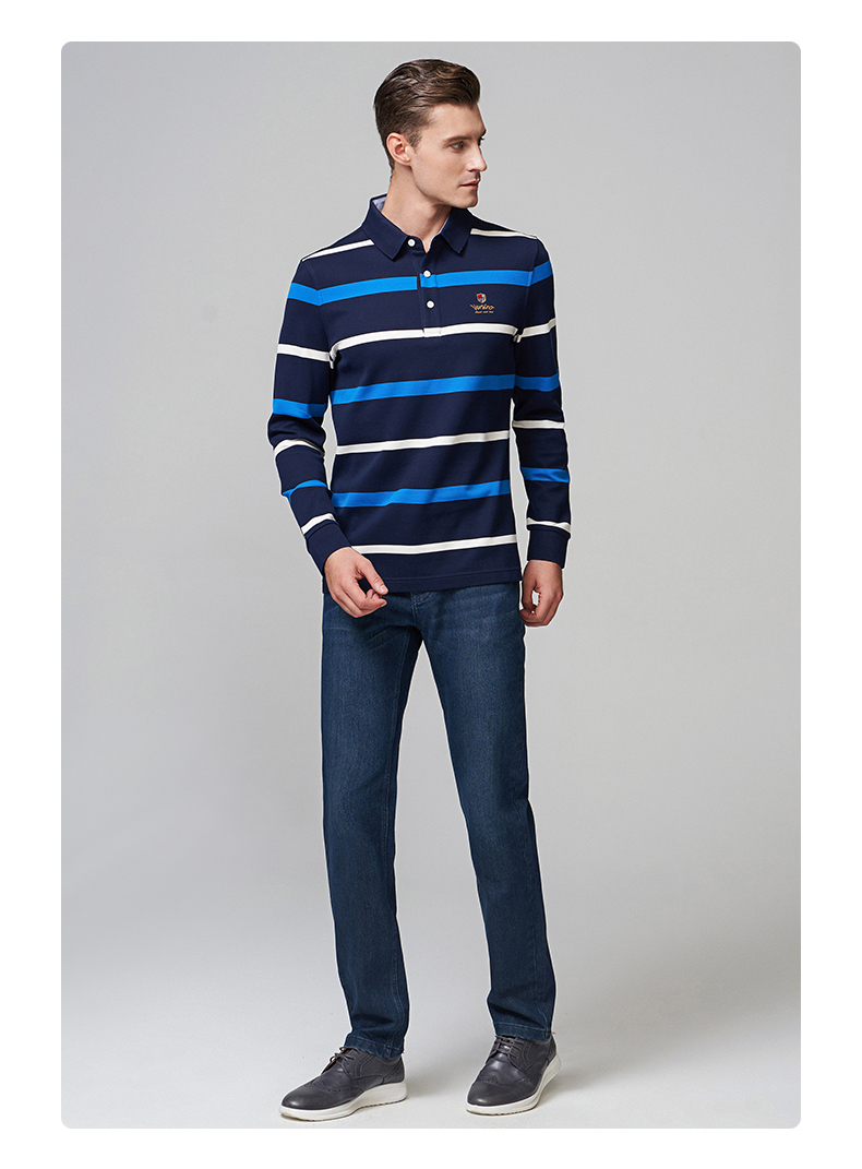 versino梵思诺男装2021秋季新款长袖条纹男保罗男士长袖t恤55b蓝色46s