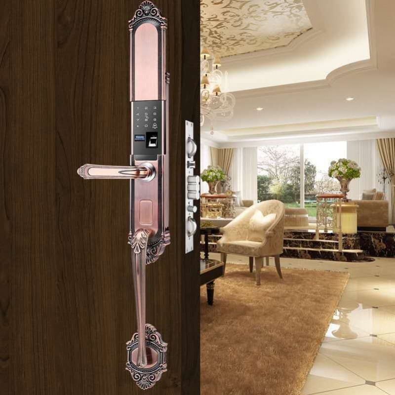 别墅铜指纹锁防盗门长拉智能锁对开大门密码锁豪华子母门室外长把红