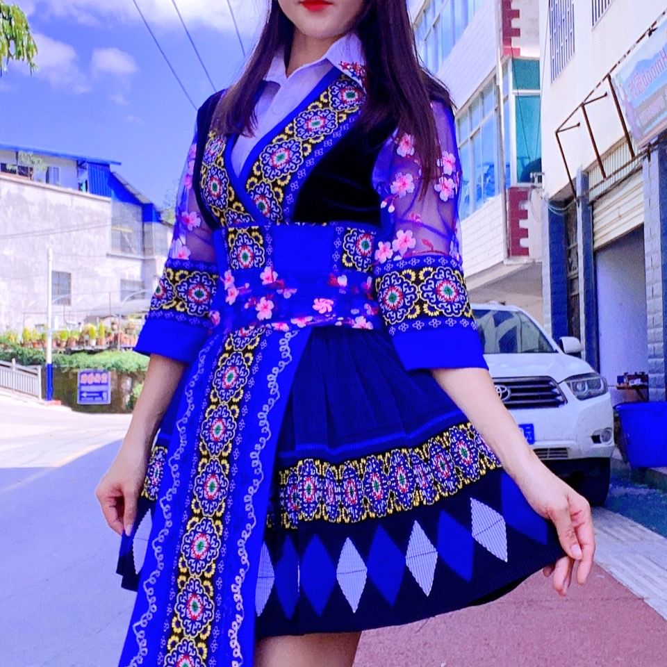 苗族服装女云南苗族服装 蓝色套装 帽子衬衫套装 s【图片 价格 品牌