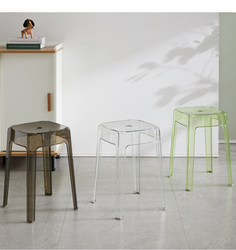 日本sp家用塑料凳子透明塑料椅子凳子家用可叠放加厚客厅餐厅板凳方凳