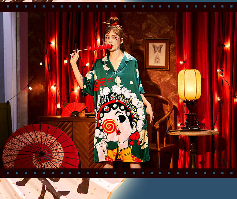 新款国潮风京剧脸谱睡衣女冰丝个性宫廷古风夏季仿绸睡裙女705xl码