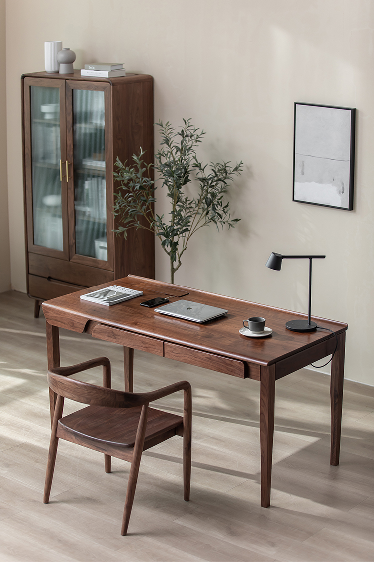森克邦北欧全实木书桌简约现代黑胡桃木办公桌家用日式樱桃木轻奢电脑