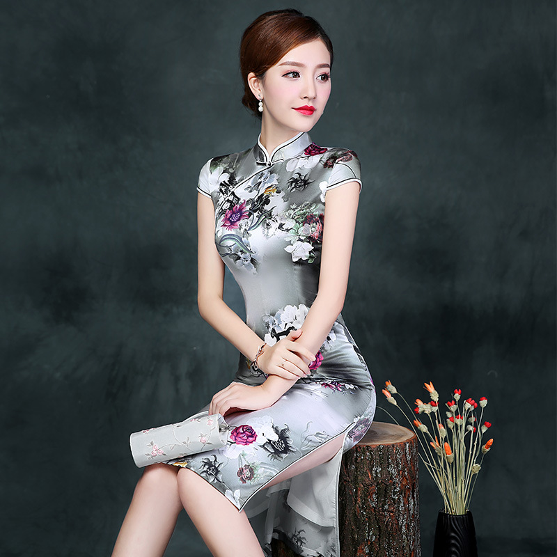 真丝旗袍裙女短款时尚改良桑蚕丝旗袍连衣2021春秋新款少女日常中国风