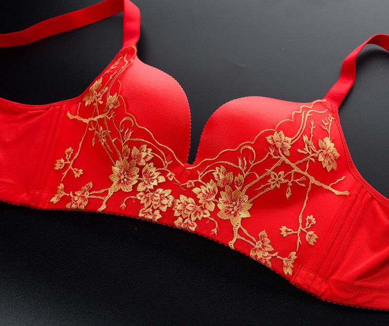 法国kj新款牛年内衣女大红色本命年结婚小胸聚拢胸罩性感无钢圈文胸