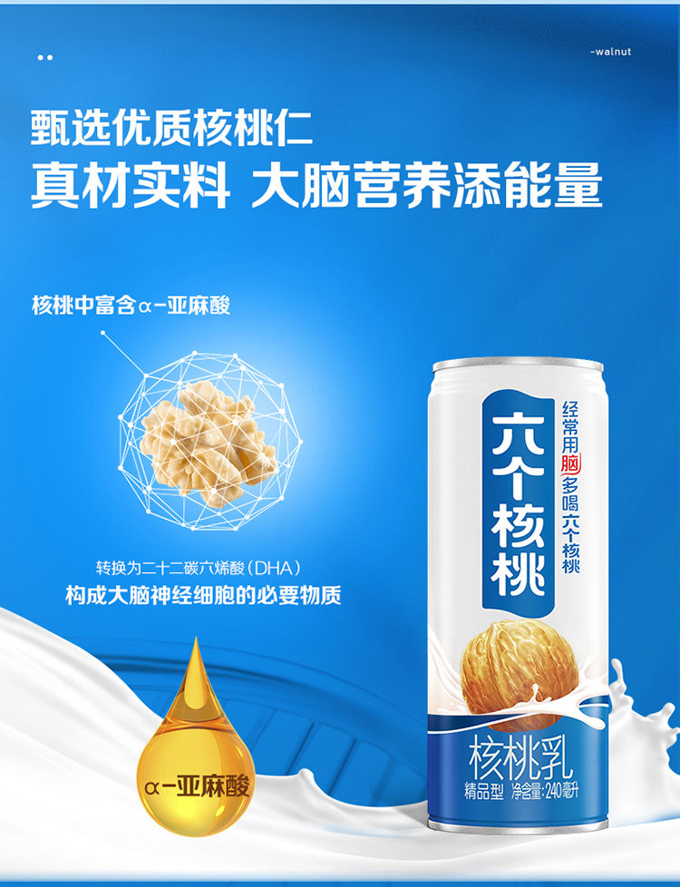 六个·核桃乳 低蔗糖精品型核桃乳240ml*24罐整箱植物蛋白饮料 一箱