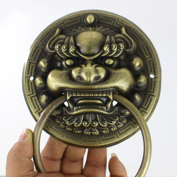 大门铜拉手纯铜仿古把手中式兽面门把手复古木门大门黄铜虎头拉环n3e