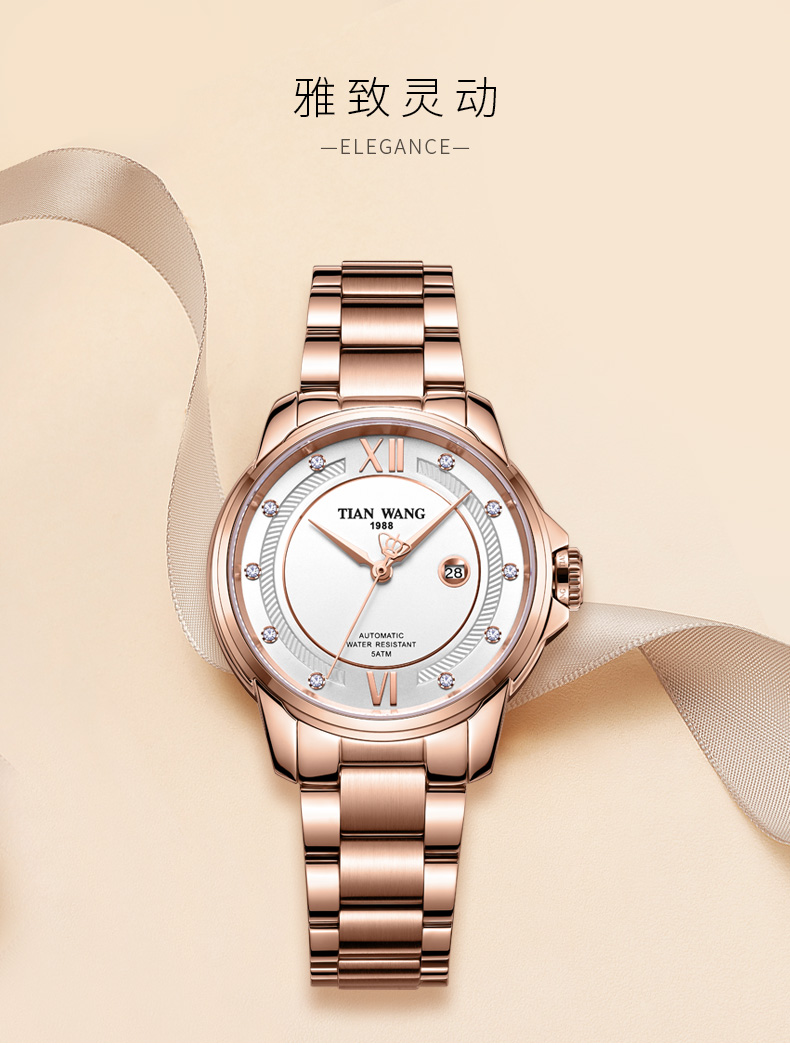 商场同款天王tianwang手表机械女手表商务时尚个性女士腕表51034玫瑰