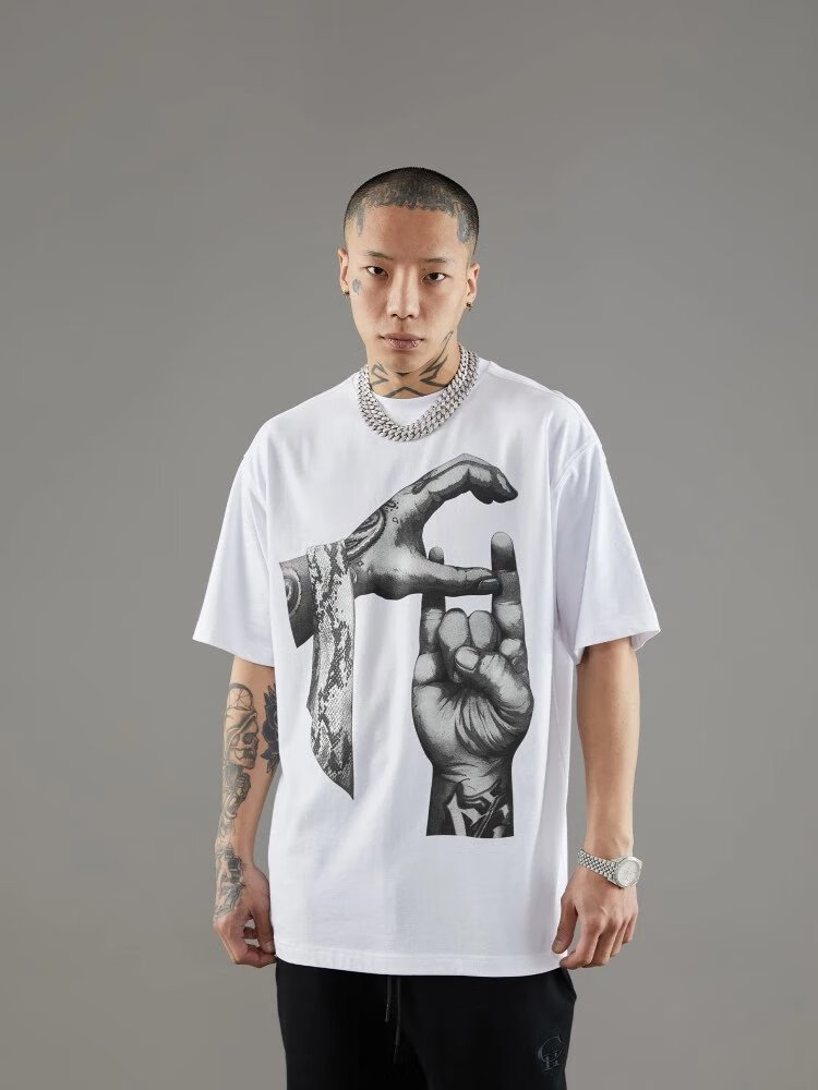 【京选品质】couple hunnid谢帝ch蛇纹系列手势印花短袖街头宽松t恤