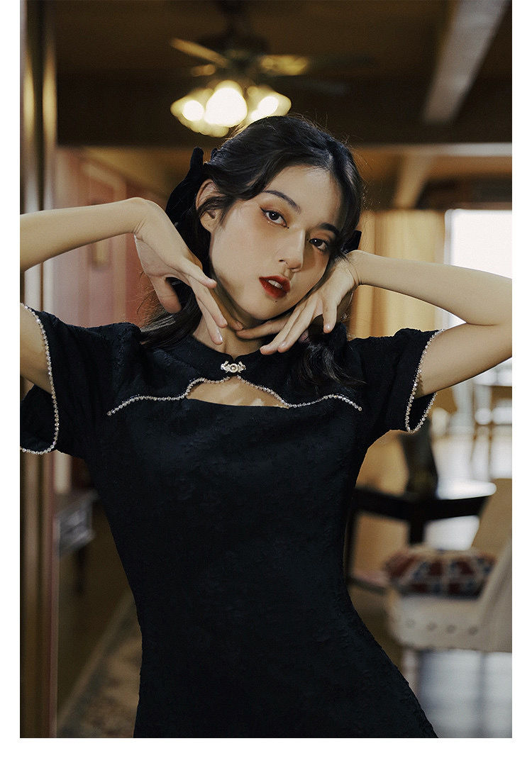 纪堡驰汉风暗黑改良版旗袍少女夏季提花蚀骨连衣裙开叉短裙旗袍黑色