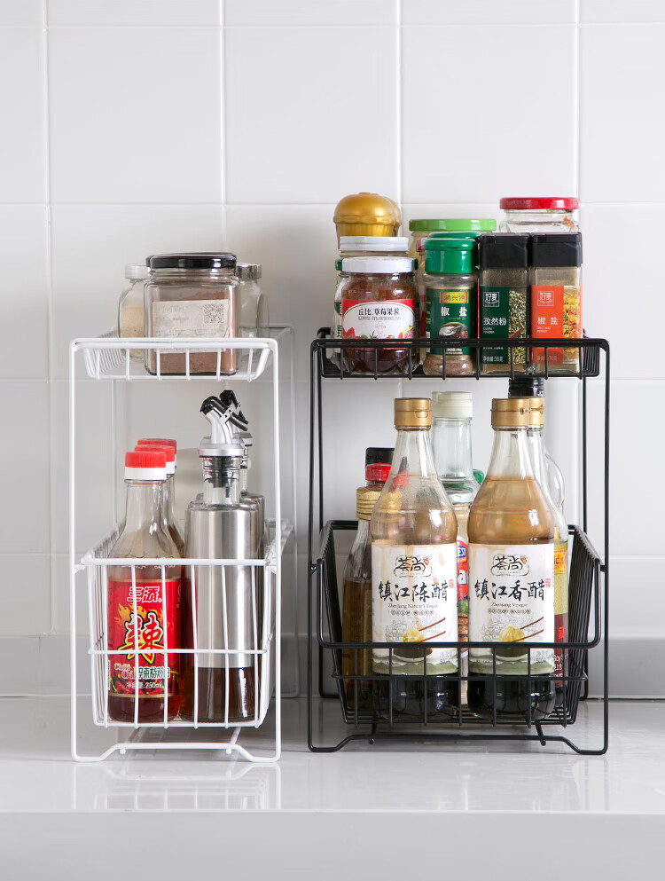 橱柜置物架厨房多层调料架家用下水槽推拉抽屉式整理收纳框大号黑色宽