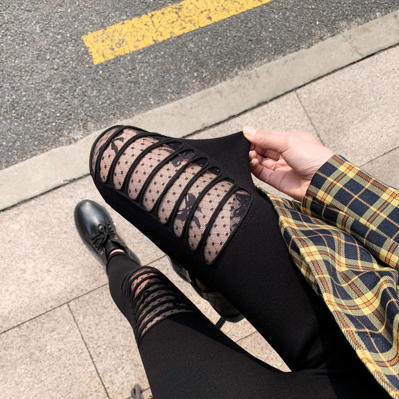 2021网红破洞渔网裤弹力修身九分裤外穿女高腰显瘦打底裤九分星星中码