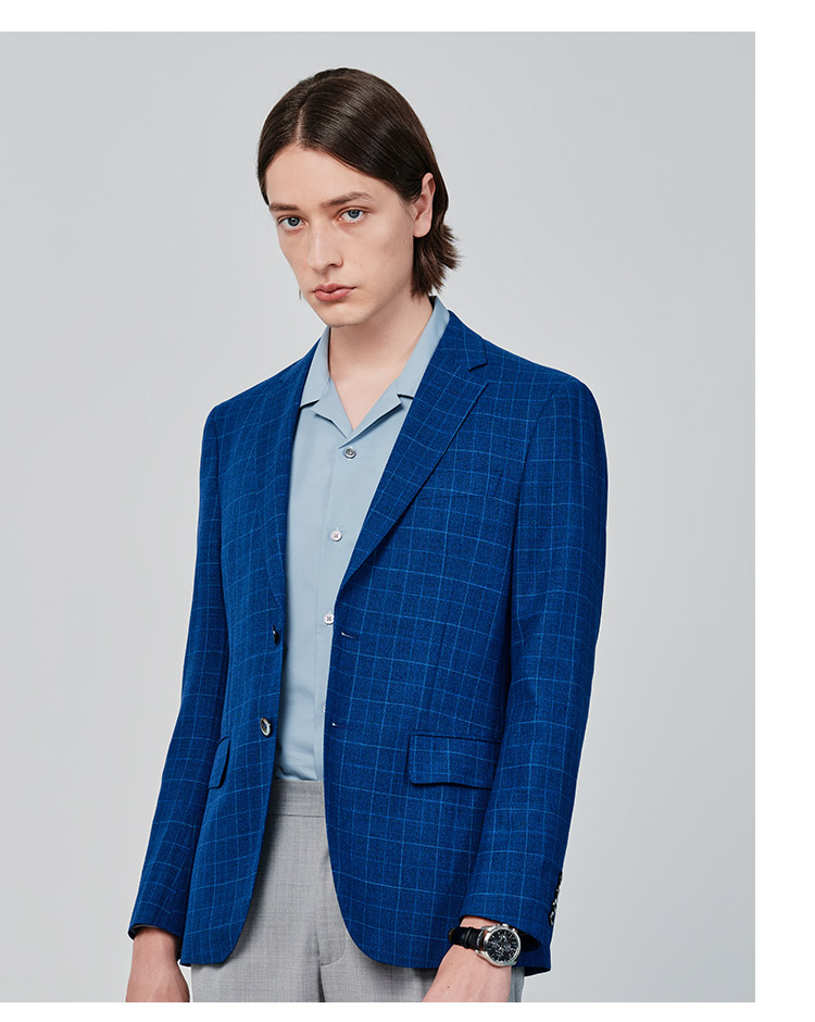 jodoll乔顿西服男修身韩版休闲男士格子格纹羊毛小西装外套 蓝色 54a