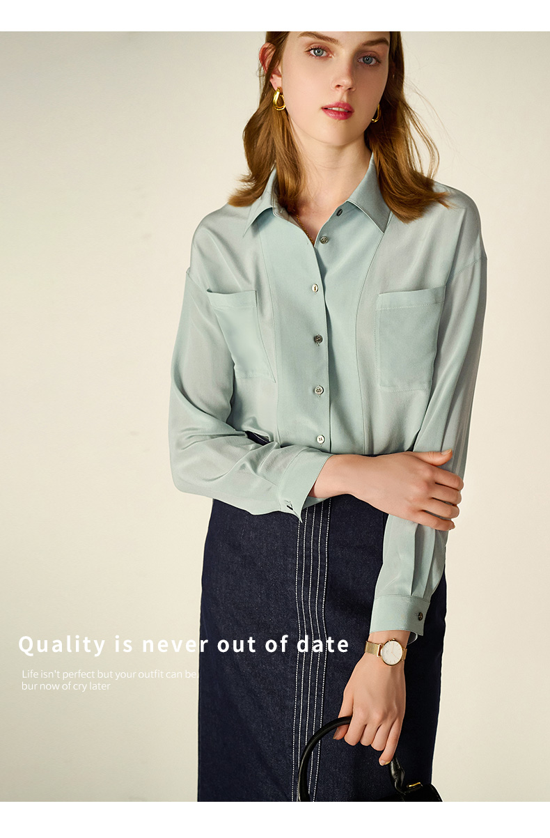 法曼萱灰绿色长袖真丝衬衫女2022秋季新款职业通勤桑蚕丝上衣灰绿色