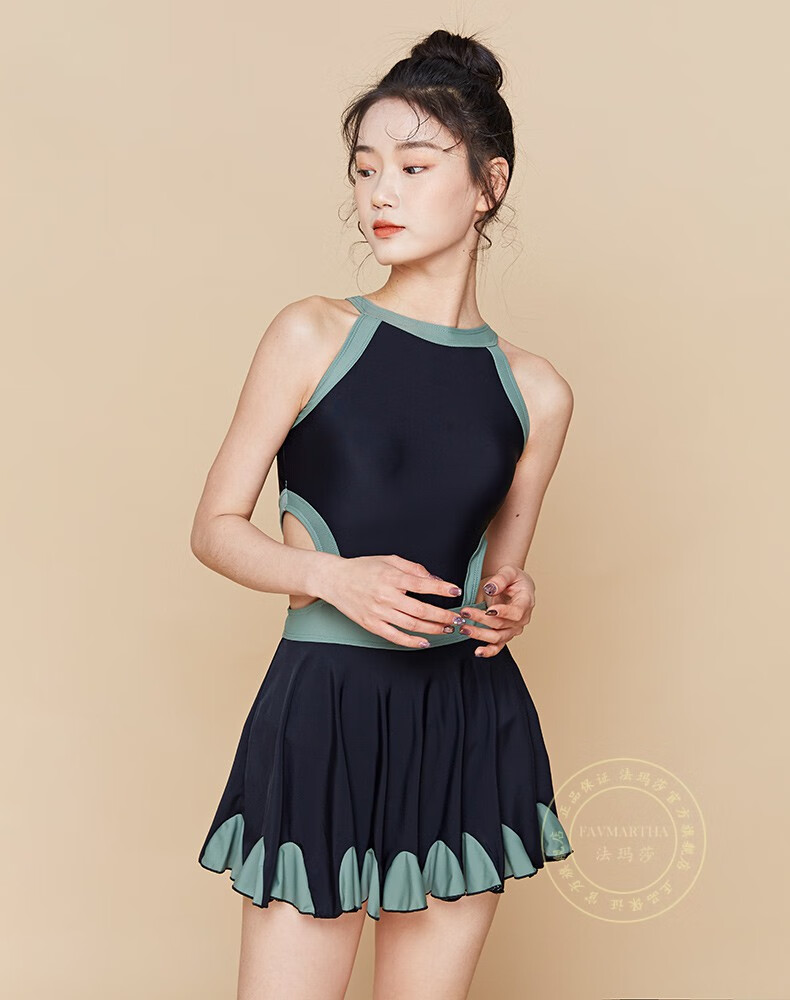 法玛莎品牌连体泳衣女女士小个子泡温泉保守遮肚泳装黑绿色l