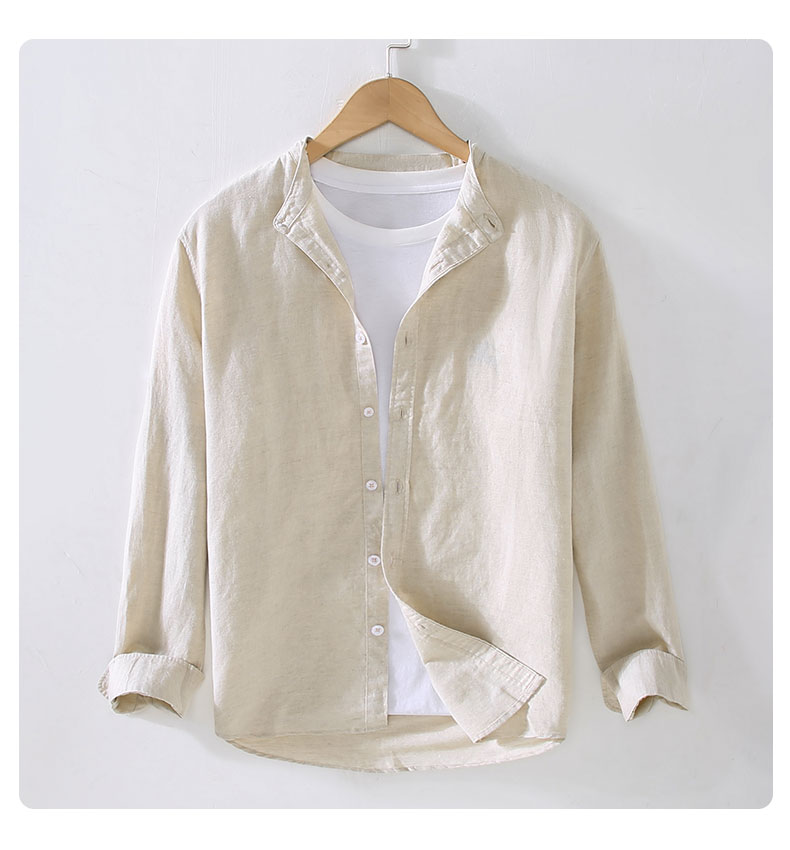 春夏季立领白亚麻衬衫男长袖无领休闲棉麻衬衣圆领麻布上衣服外套