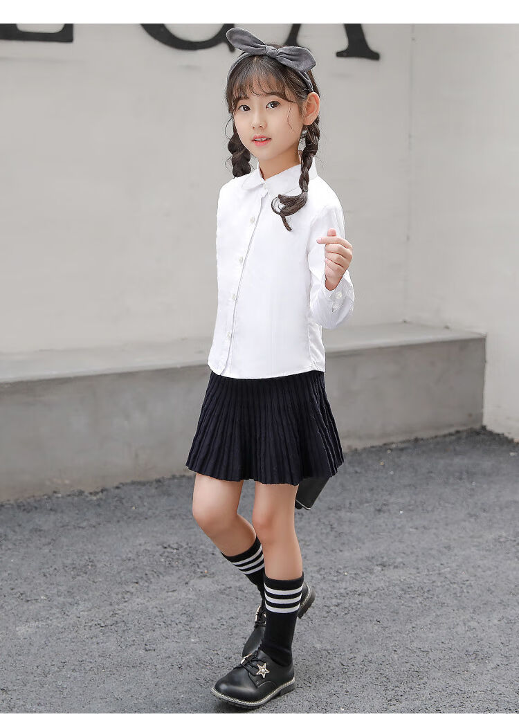 衬衣中大童小学生校服演出服春晚春秋女生白色衬衫加绒加厚黑领带120