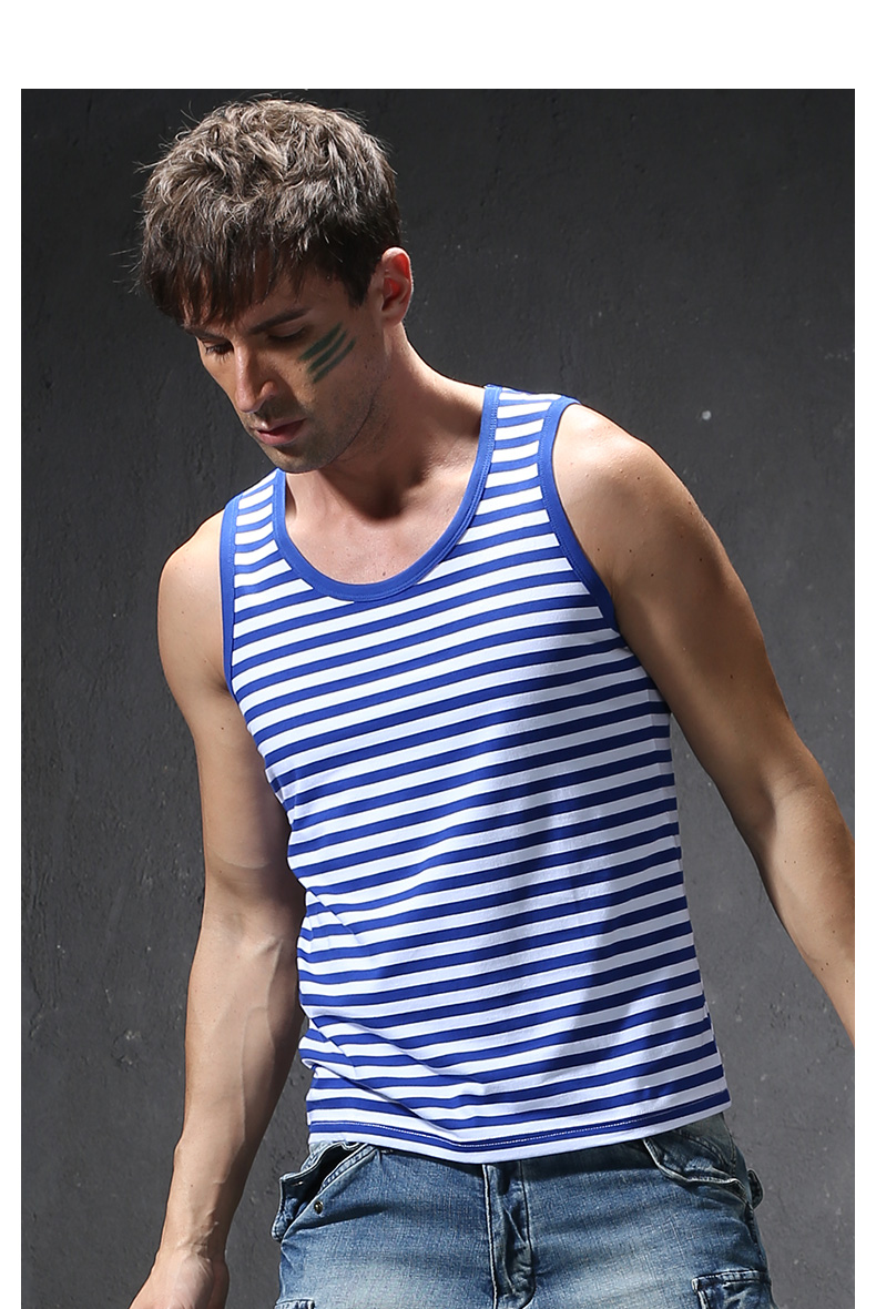 季言海魂衫无袖条纹背心男外穿潮运动弹力个性潮流时尚海军衫蓝色m