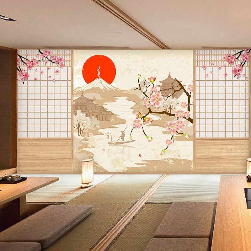 日式和风仿真木门墙纸榻榻米壁纸剧本杀壁画装饰樱花背景墙布 (无缝)