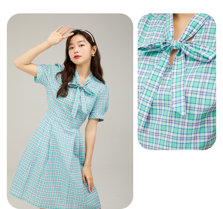 eland衣恋官方集团依恋春夏季衣服格纹纯棉蝴蝶结系带连衣裙女通勤