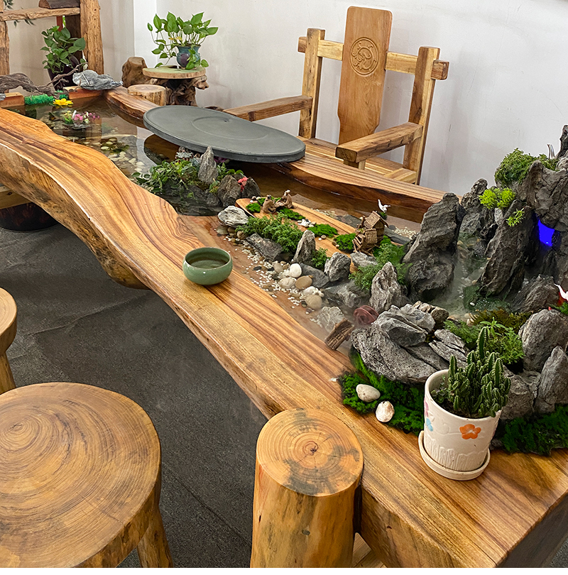 万蔻轻奢品牌香樟木循环流水茶台新中式禅意景观一体