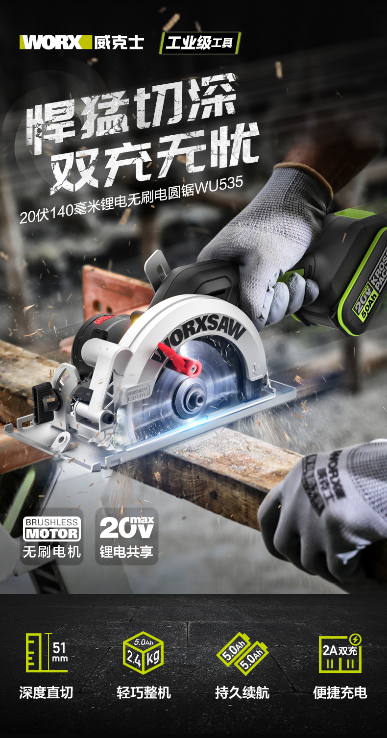 威克士锂电圆锯wu535/533无刷木工锯5寸手提锯圆盘充电式worx电锯 535