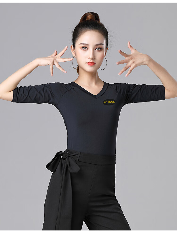 拉丁舞练功服女新款摩登舞上衣国标舞蹈服装交谊广场舞蹈服夏黑色中