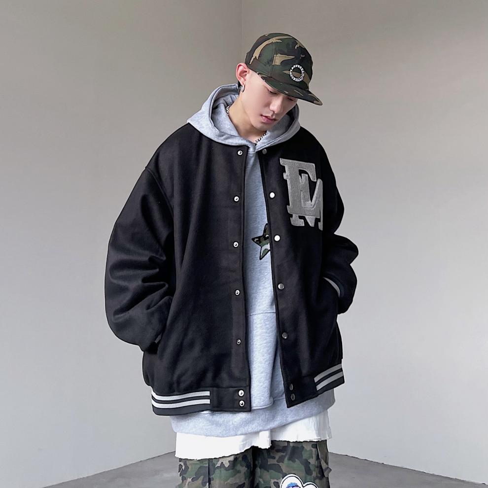 黑白述 美式高街十字架刺绣棒球服男潮牌vibe风夹克嘻哈外套秋 黑色