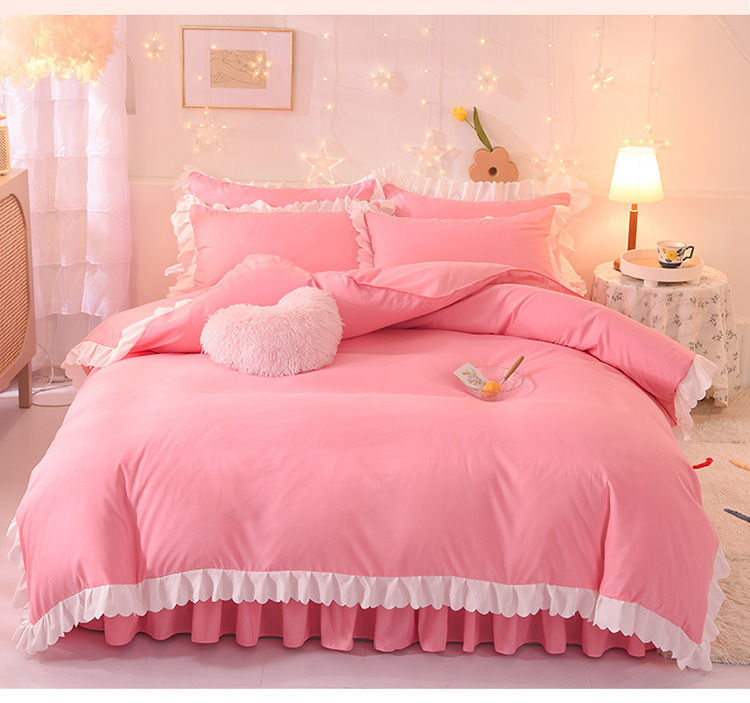 少女心粉色床单荷叶花边纯色床裙公主风被套宿舍床三件套纯情绿20m