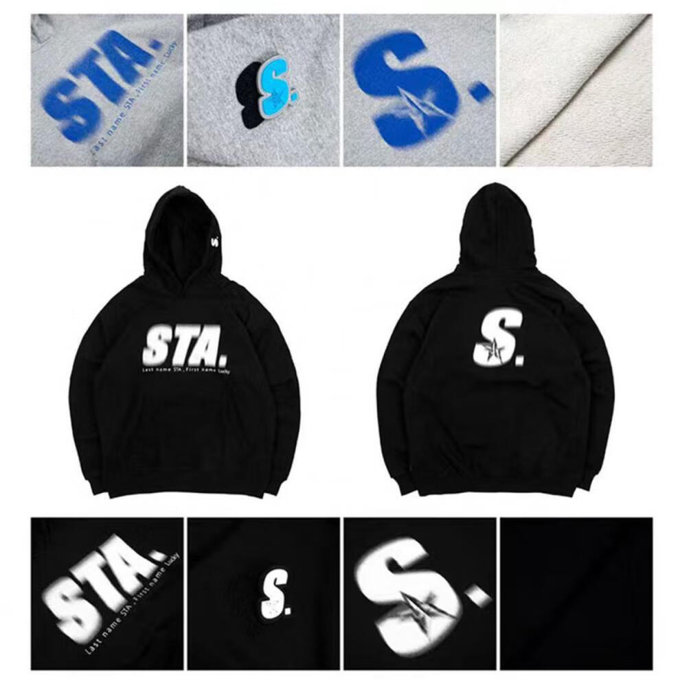 赤宏sta卫衣秋冬幻影印花s星标魔术贴连帽卫衣纯棉国 灰色【极350克重